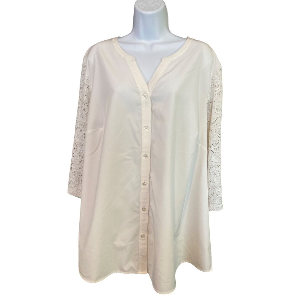 Denim & Co Blouse Tunic Top 2X White Lace Sleeve Button Front Boho Romantic Chic